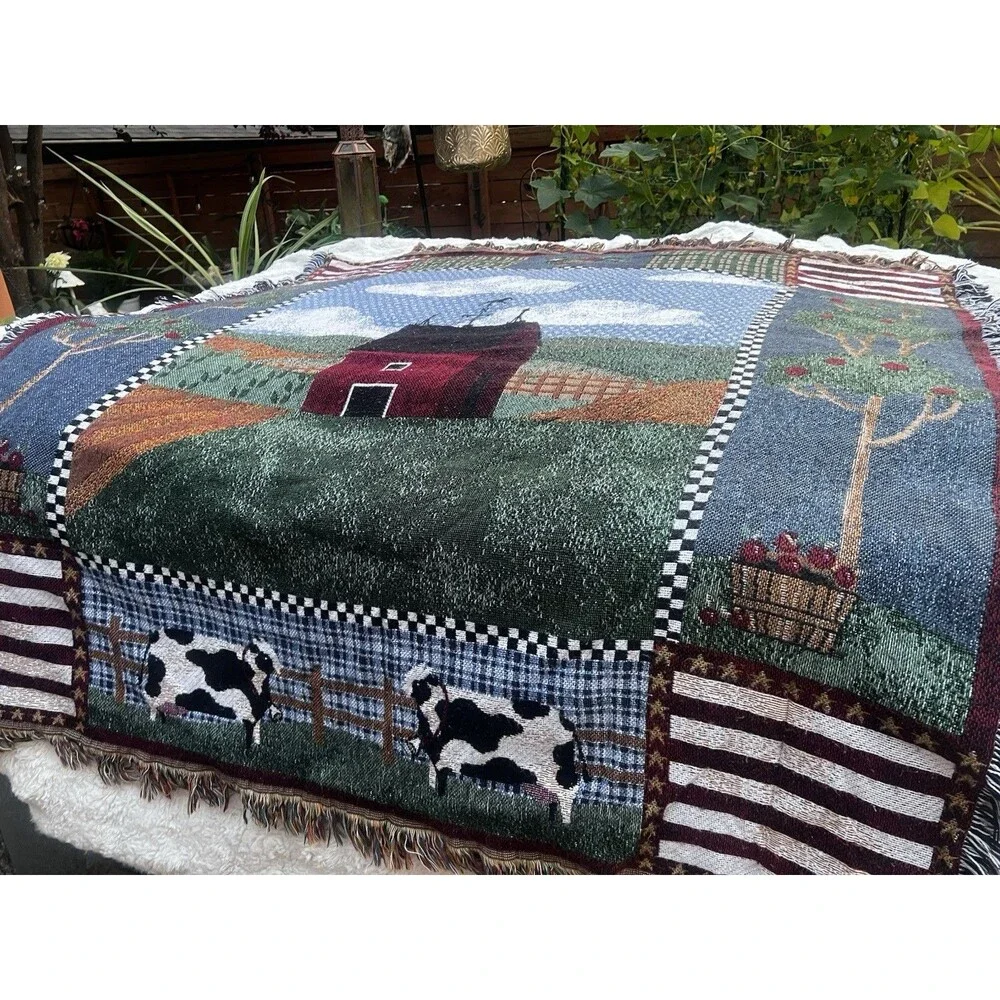 Farmhouse Woven Throw Blanket Red Barn Cows Rooster Americana Fringe 56x48
